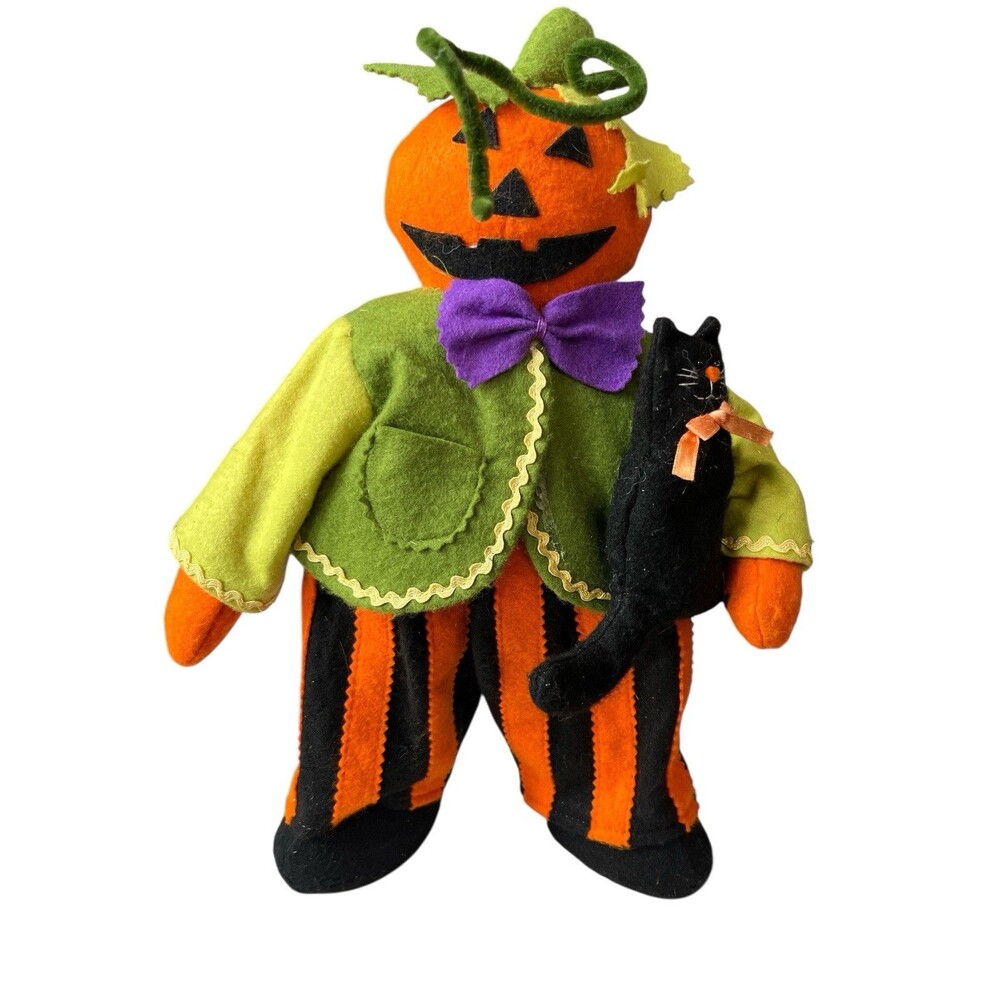 Pumpkin Scarecrow Stuffed Black Cat Halloween 14 x 8"